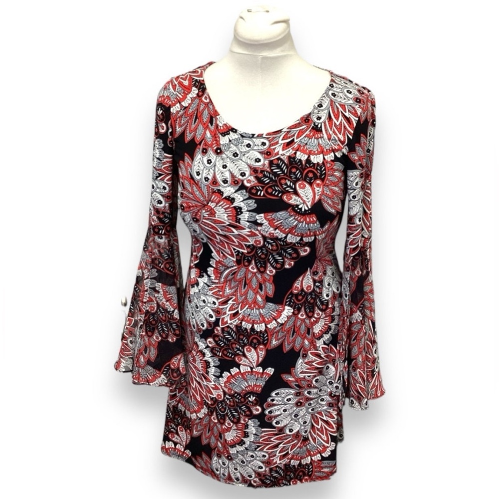 MSK Women’s Long Tulip Bell Flare Sleeve A-Line Mini Dress Paisley Black/Red S